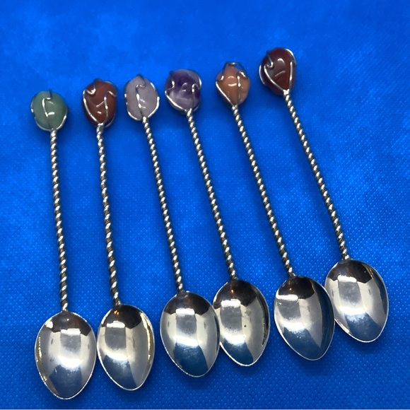 Silver Tone Twisted Semi Precious Gemstone Handle Demitasse Spoons Set of 6 - Picture 13 of 16
